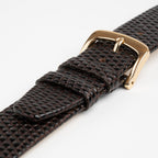 Brown Mayfair Lizard watch strap, close-up of the buckle and keepers