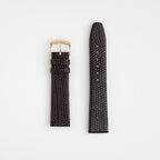 Brown Mayfair Lizard watch strap, laid flat with its buckle