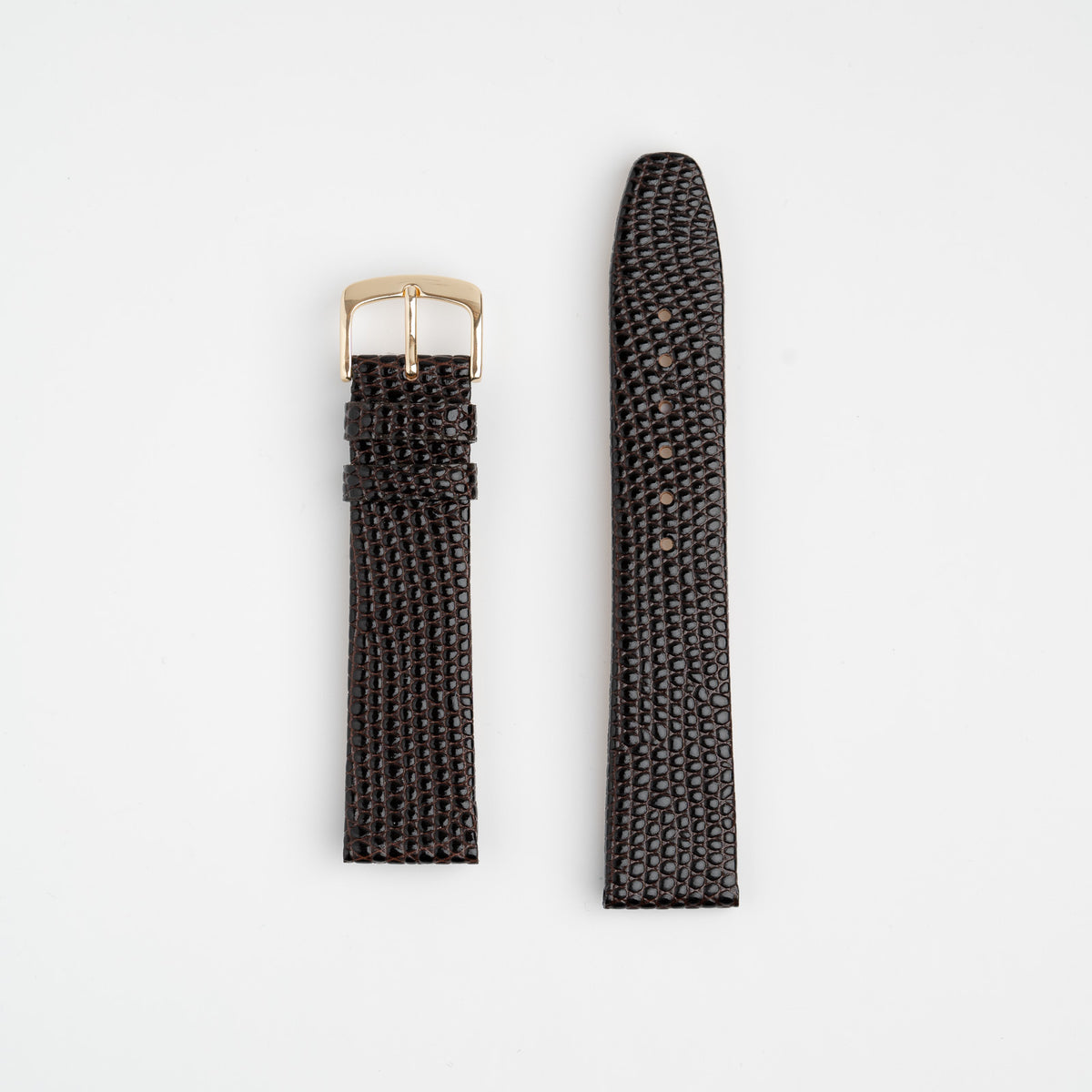 Brown Mayfair Lizard watch strap, laid flat with its buckle