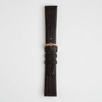 Brown Mayfair Lizard watch strap, buckled, front view