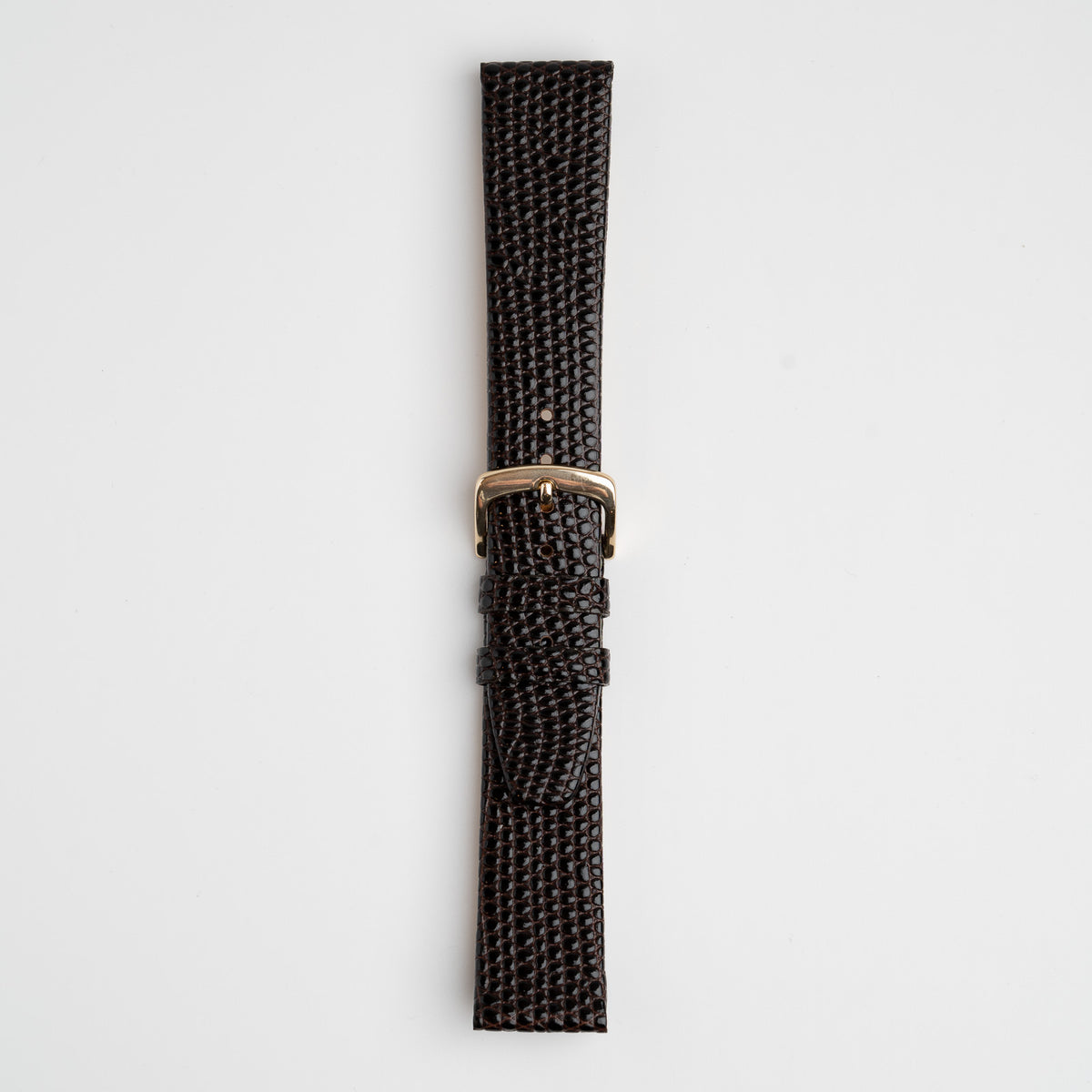 Brown Mayfair Lizard watch strap, buckled, front view
