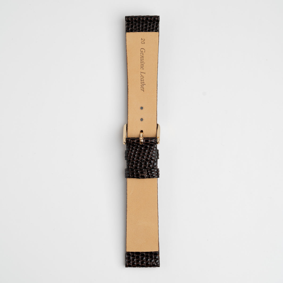 Brown Mayfair Lizard watch strap, buckled, back view