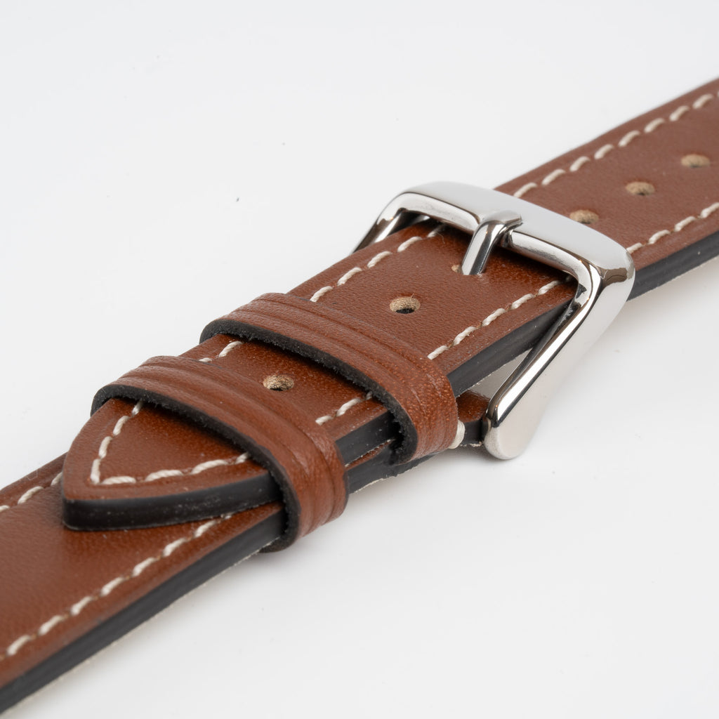 Handmade Contrast Brown Watch Strap, close-up of the buckle and keepers