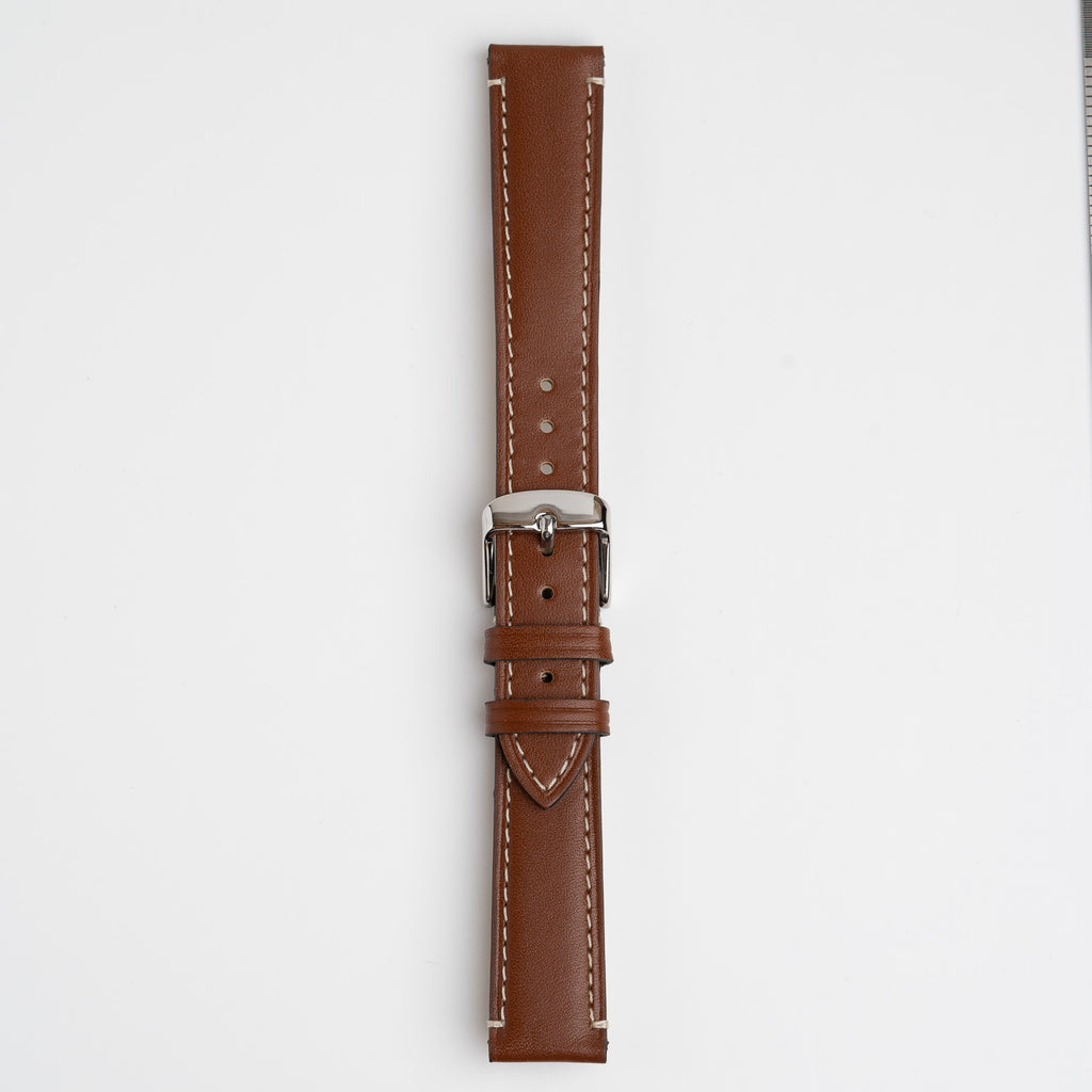 Handmade Contrast Brown Watch Strap, buckled up, front view