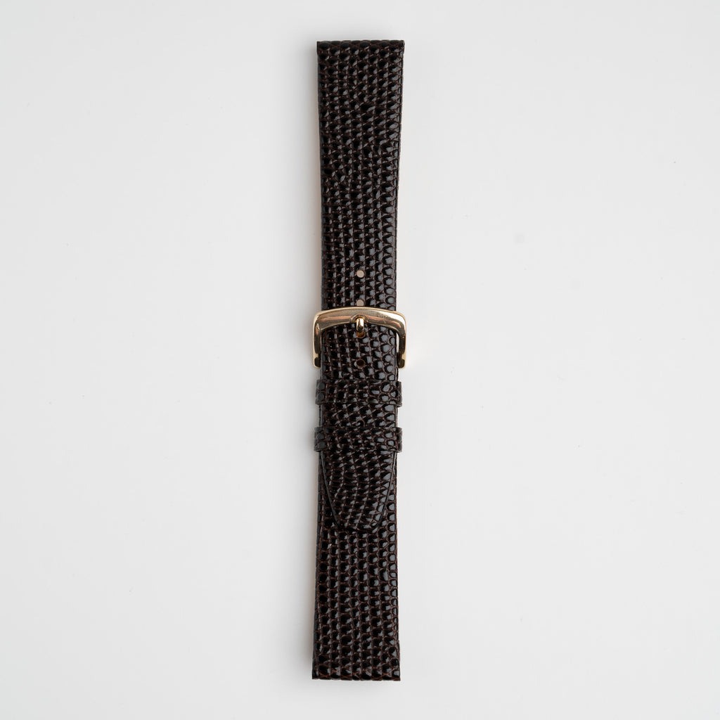 Brown Mayfair Lizard XL watch strap, buckled, front view