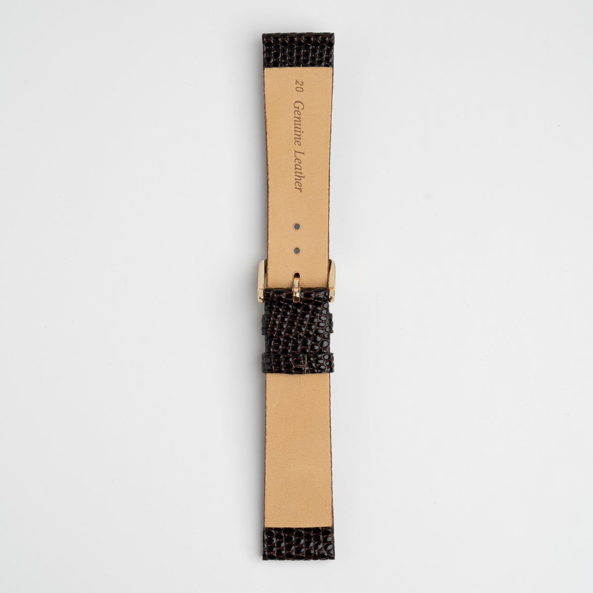 Brown Mayfair Lizard XL watch strap, buckled, back view
