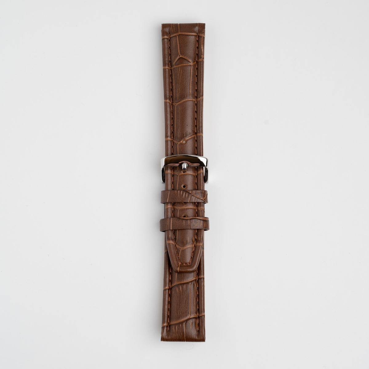Brown Mayfair Contour watch strap, buckled, front view