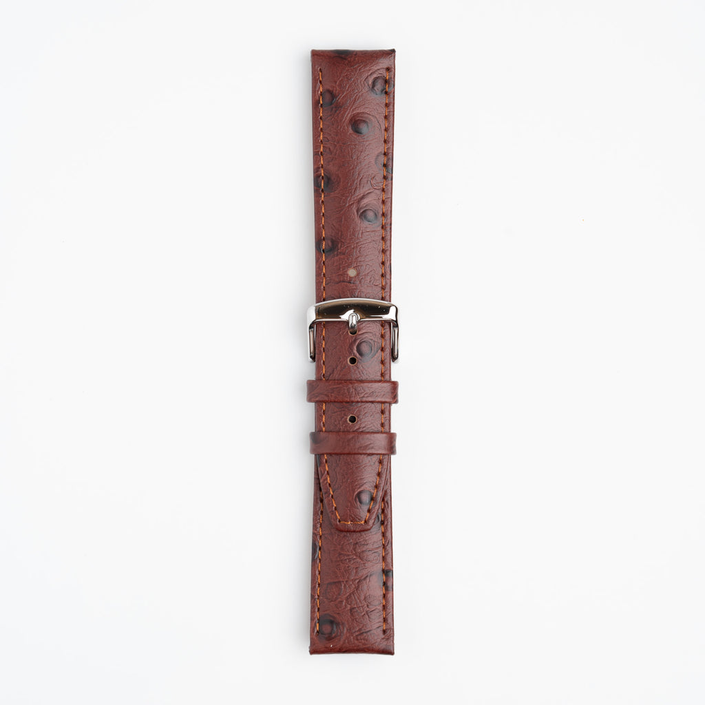 Sandbanks Ostrich Brown Watch Strap, buckled up, front view
