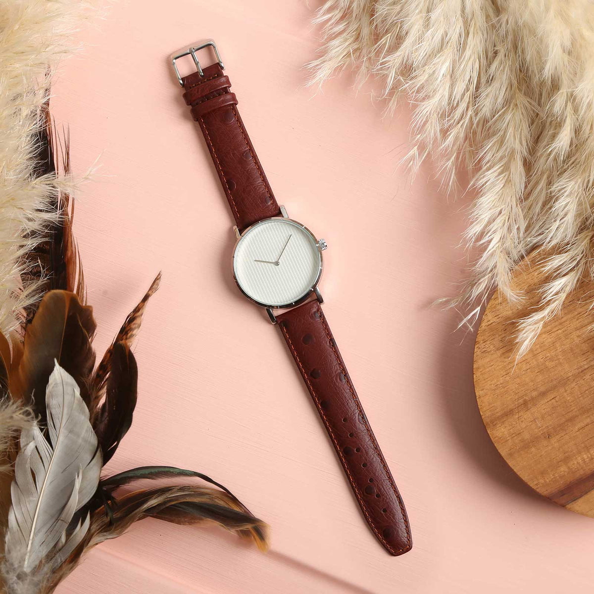Sandbanks Ostrich Brown Watch Strap, shown on a watch