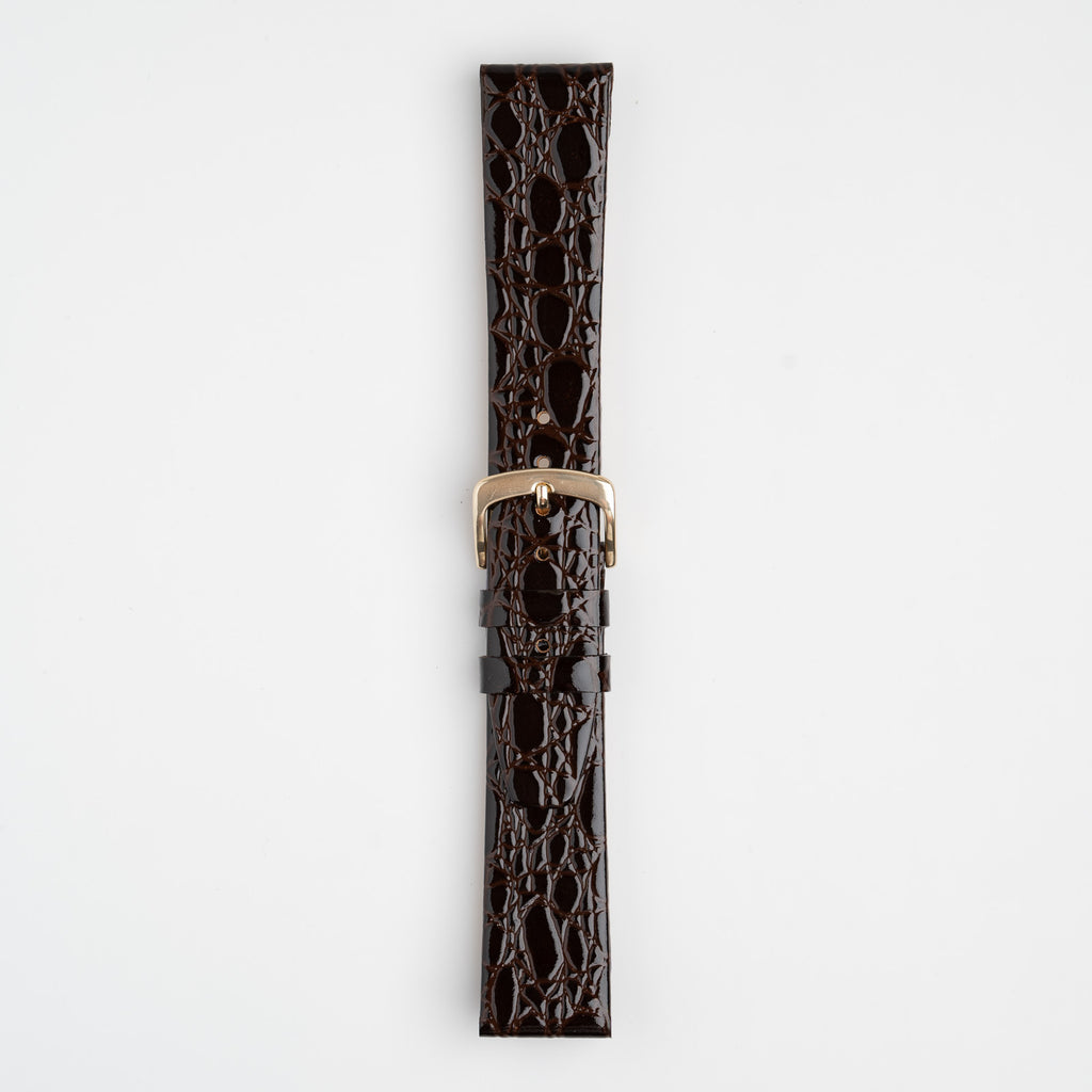 Patent Crocodile Brown Watch Strap, buckled up, front view