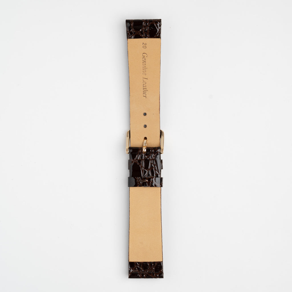 Patent Crocodile Brown Watch Strap, underside showing the lining
