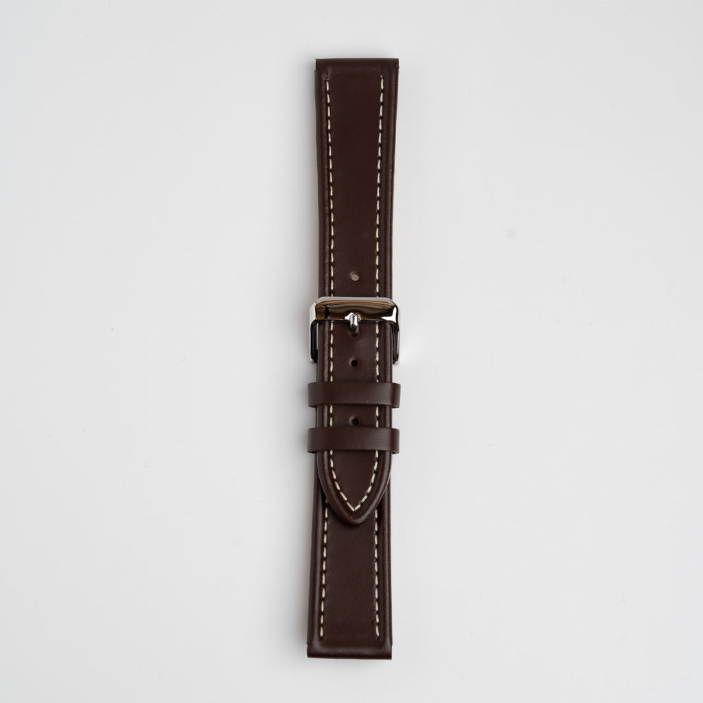 Raised Edge Oil Leather Brown Watch Strap, buckled up, front view