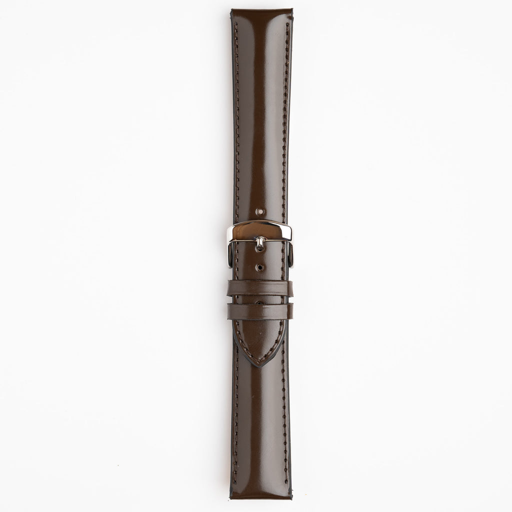 Henley Superior Gloss Brown Watch Strap, buckled up, front view