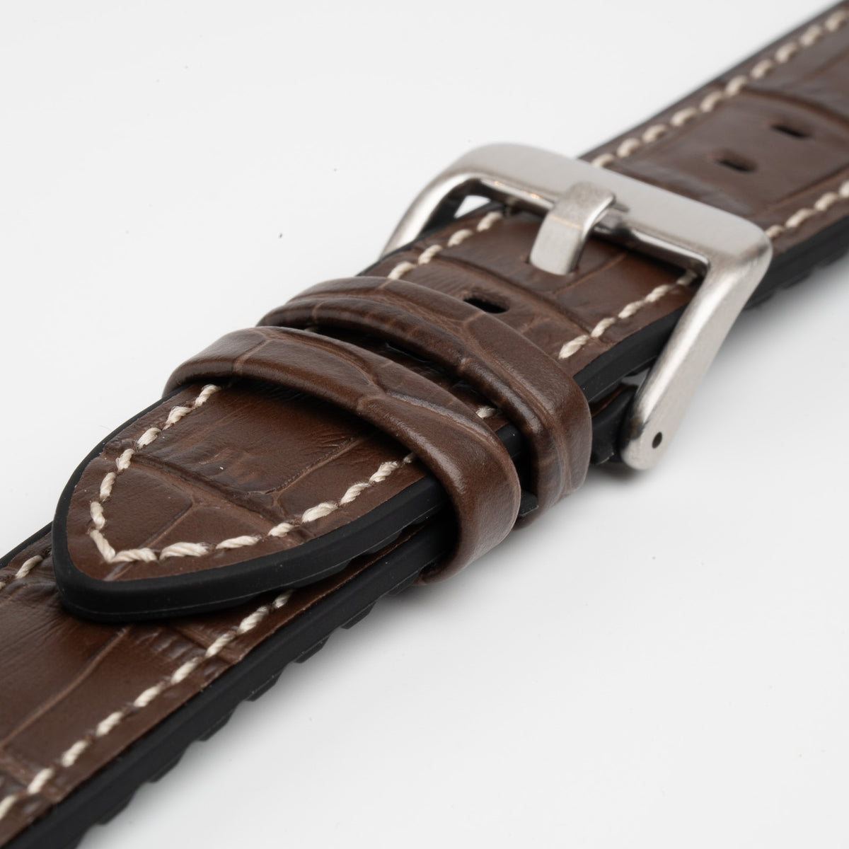 Brown Mayfair Active watch strap, close-up of the buckle and keepers