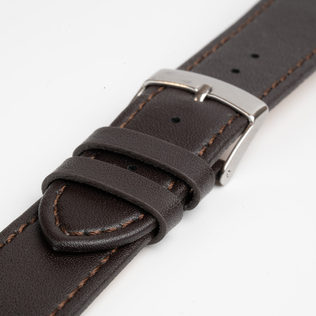Brown Mayfair Subtle Quick Release watch strap, close-up of the buckle and keepers