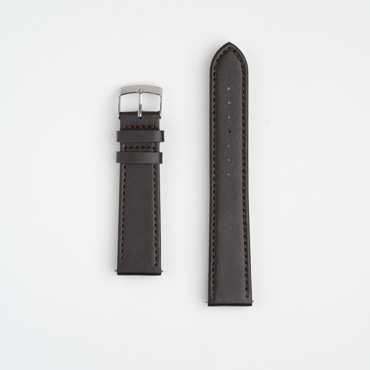 Brown Mayfair Subtle Quick Release watch strap, laid flat with its buckle