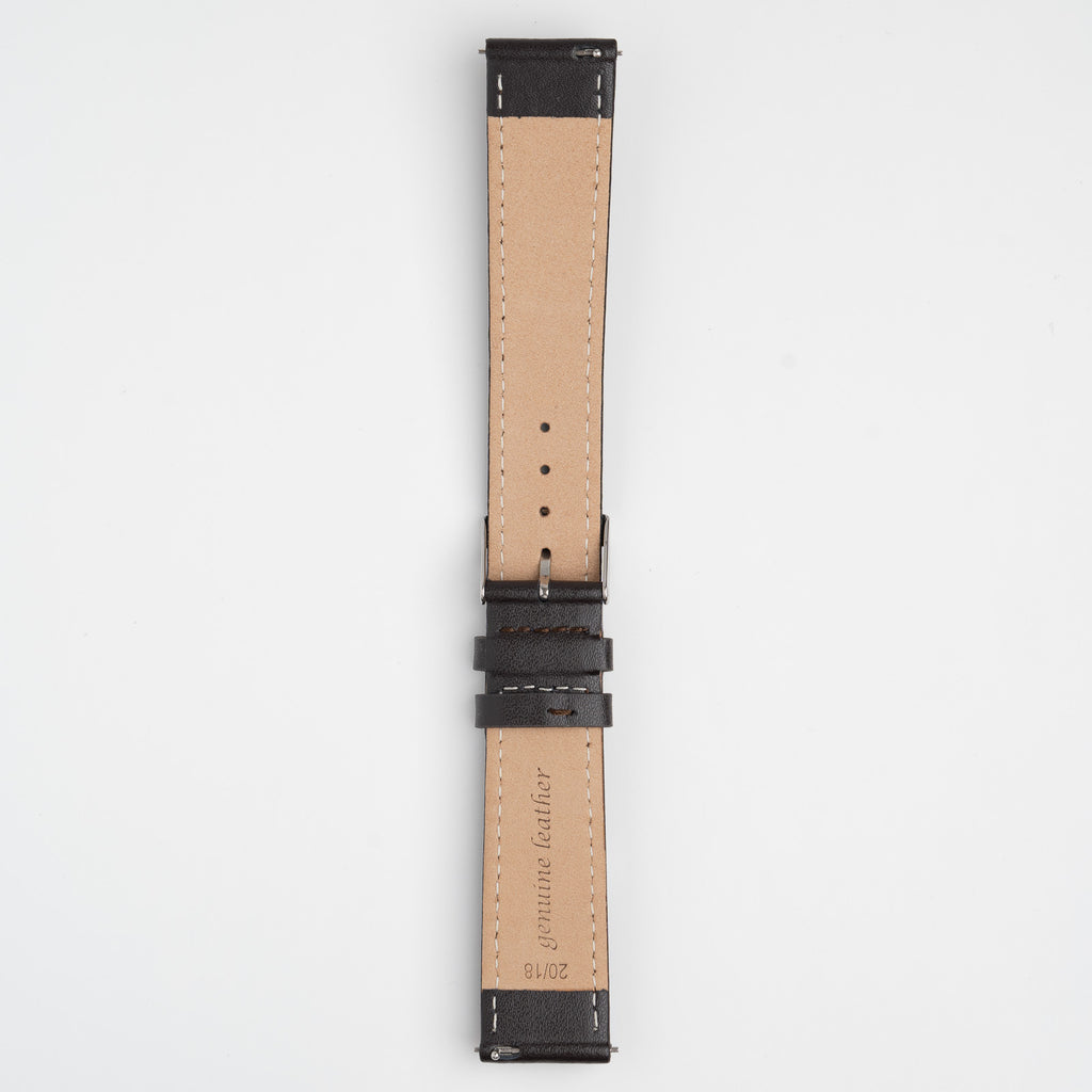 Brown Mayfair Subtle Quick Release watch strap, buckled, back view