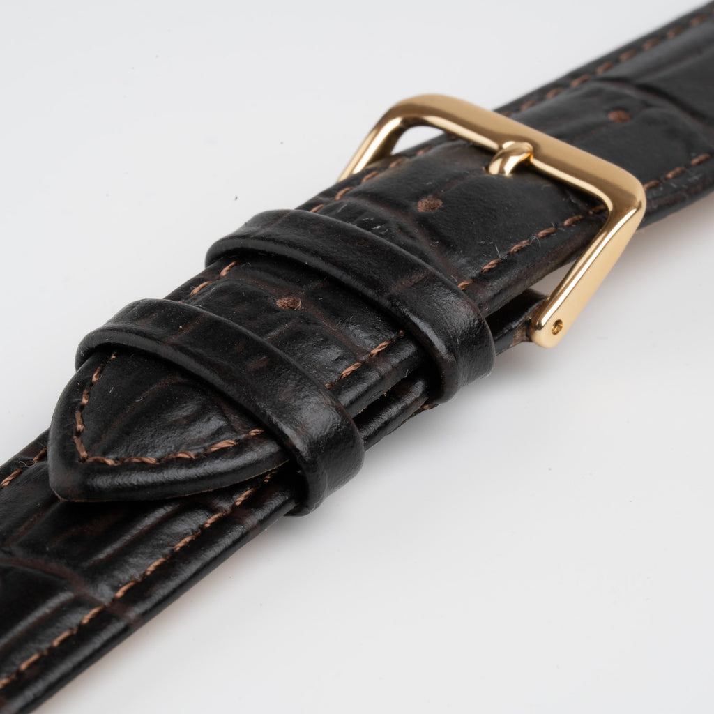 Alligator Value Padded Brown Watch Strap, close-up of the buckle and keepers