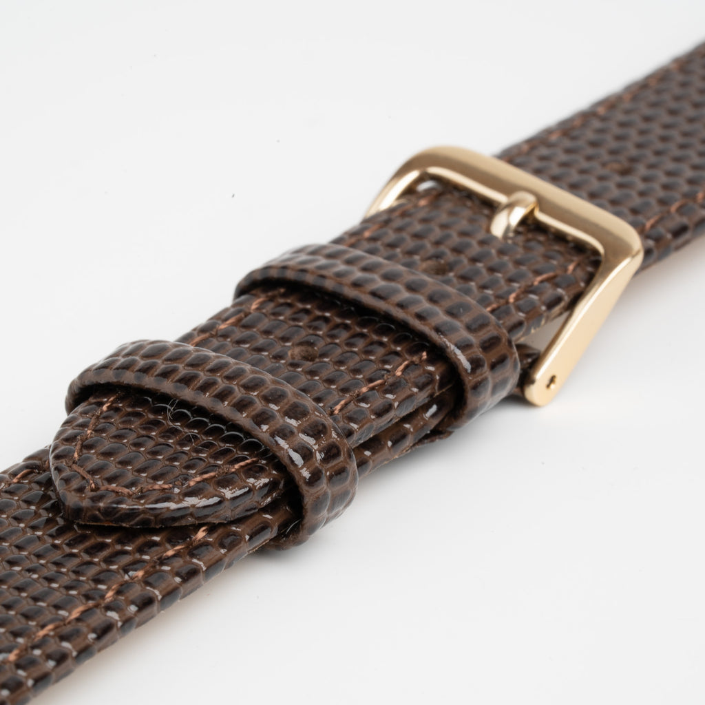 Lizard Value Brown Watch Strap, close-up of the buckle and keepers