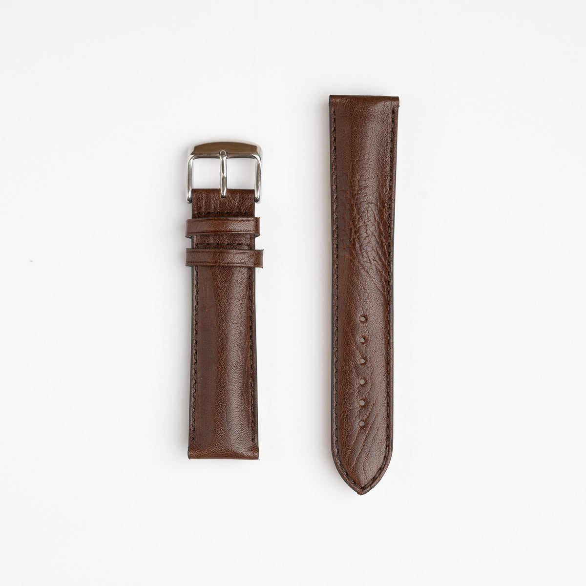 Brown Mayfair Vintage Grain watch strap, laid flat with its buckle