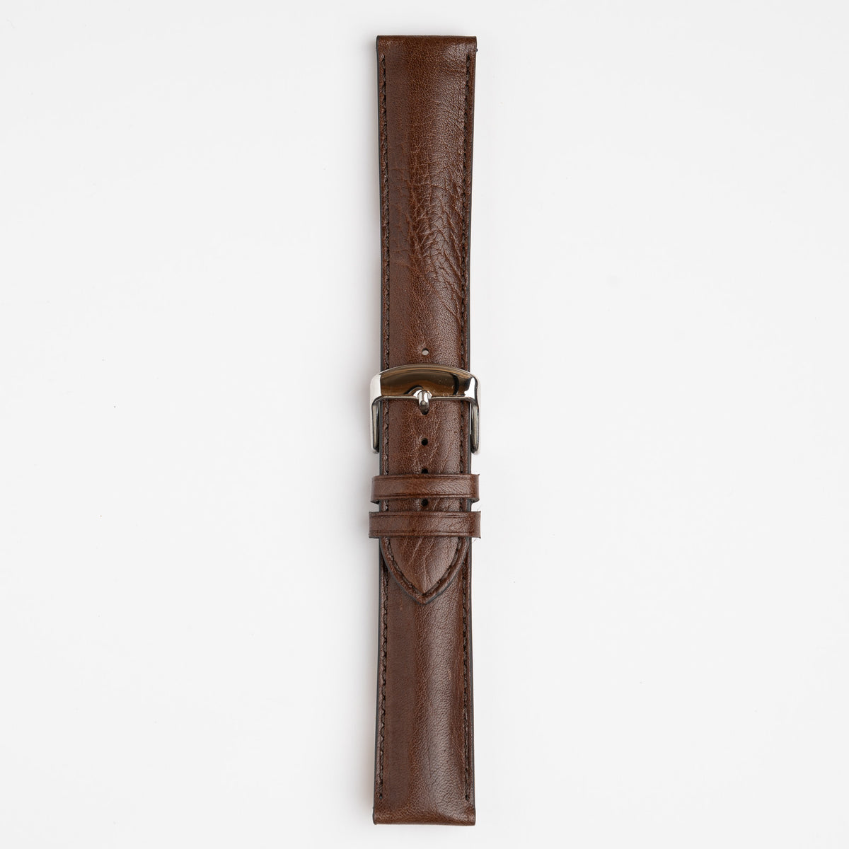 Brown Mayfair Vintage Grain watch strap, buckled, front view