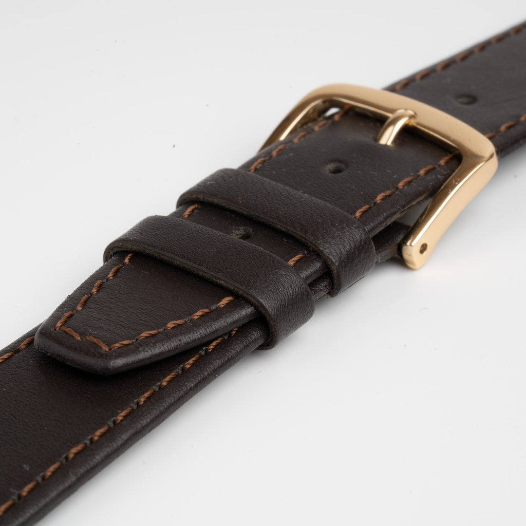Water Resistant Stitched Brown Watch Strap, close-up of the buckle and keepers