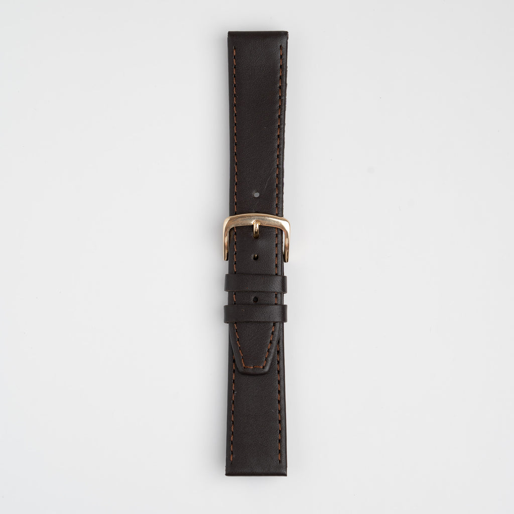 Water Resistant Stitched Brown Watch Strap, buckled up, front view