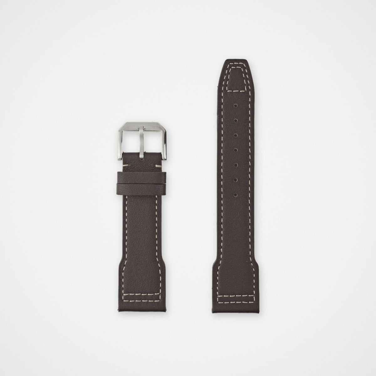Brown pilot leather watch strap for IWC with white stitching, laid flat