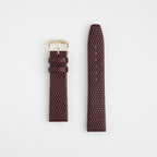Burgundy Mayfair Lizard watch strap, laid flat with its buckle