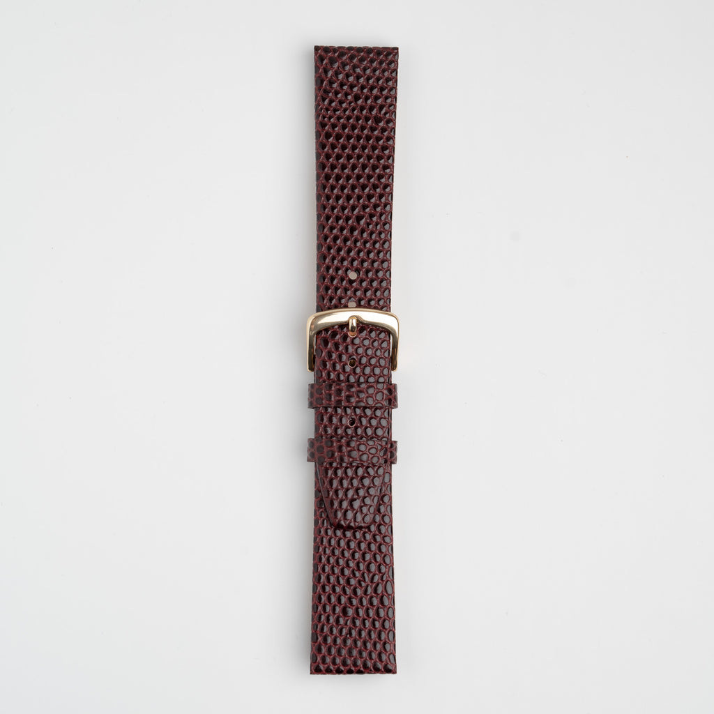 Burgundy Mayfair Lizard watch strap, buckled, front view