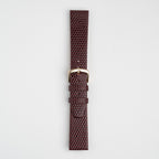 Burgundy Mayfair Lizard watch strap, buckled, front view