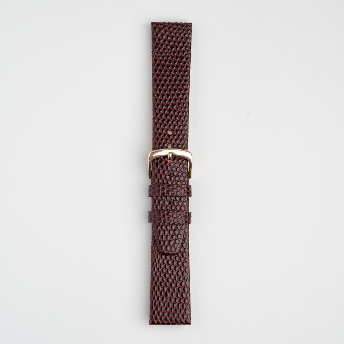 Burgundy Mayfair Lizard watch strap, buckled, front view