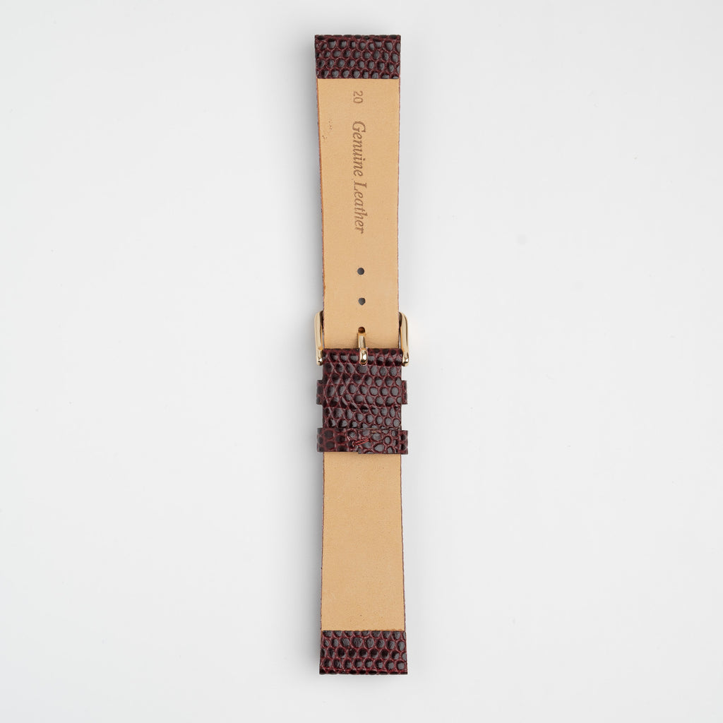 Burgundy Mayfair Lizard watch strap, buckled, back view