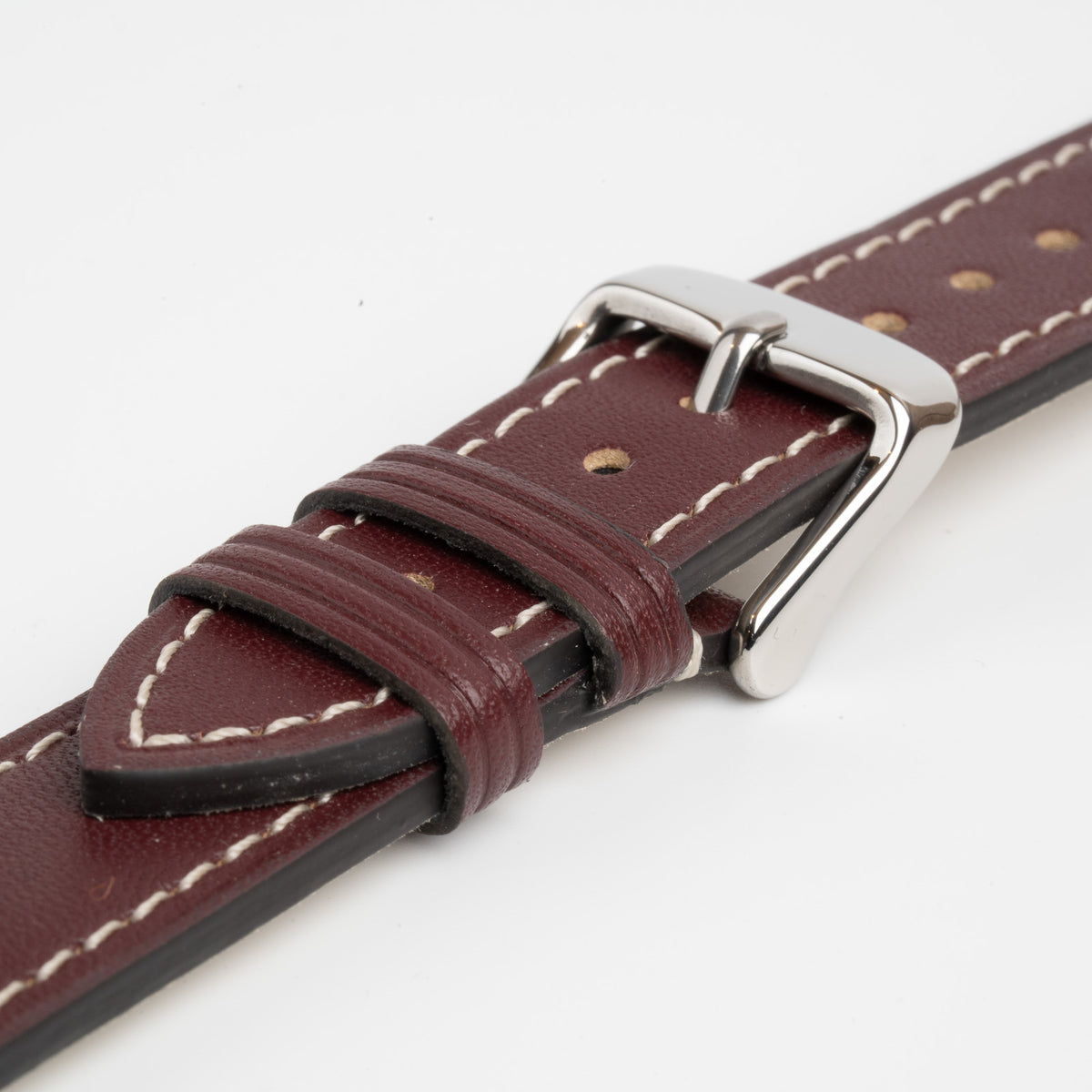 Handmade Contrast Burgundy Watch Strap, close-up of the buckle and keepers