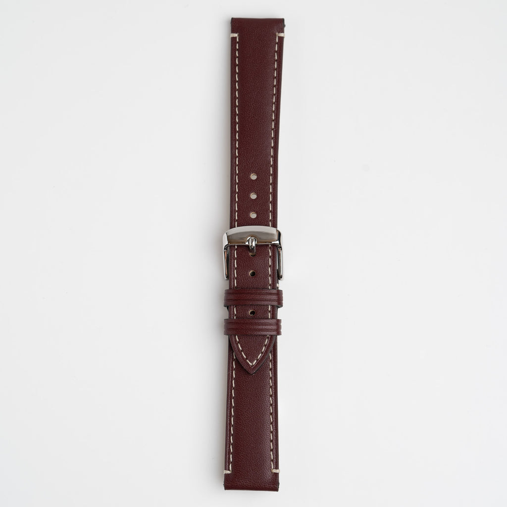 Handmade Contrast Burgundy Watch Strap, buckled up, front view