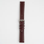 Handmade Contrast Burgundy Watch Strap, buckled up, front view