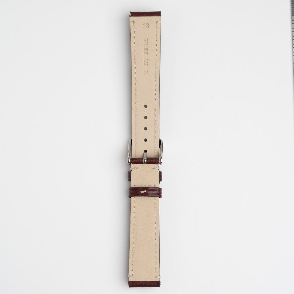 Handmade Contrast Burgundy Watch Strap, underside showing the lining