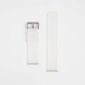 A clear silicone watch strap with a silver buckle, laid out flat against a white background.
