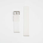 A clear silicone watch strap with a silver buckle, laid out flat against a white background.