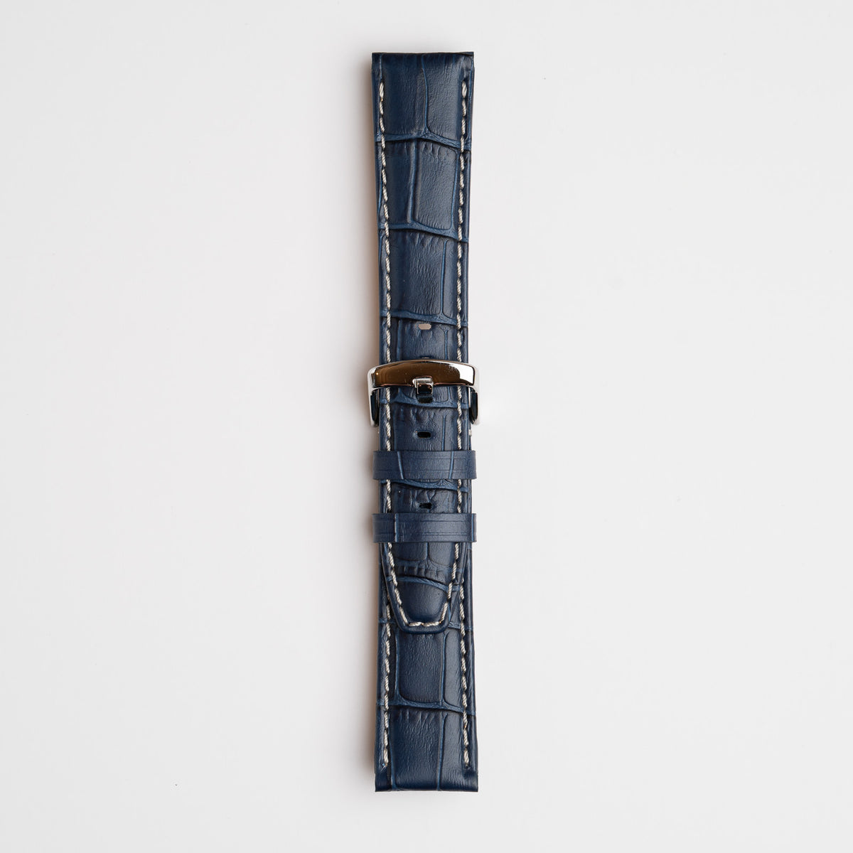 Dark Blue Mayfair Alligator watch strap, buckled, front view
