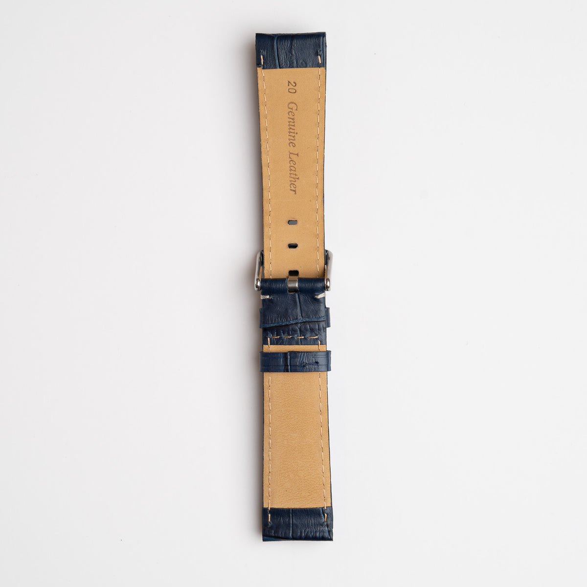 Dark Blue Mayfair Alligator watch strap, buckled, back view