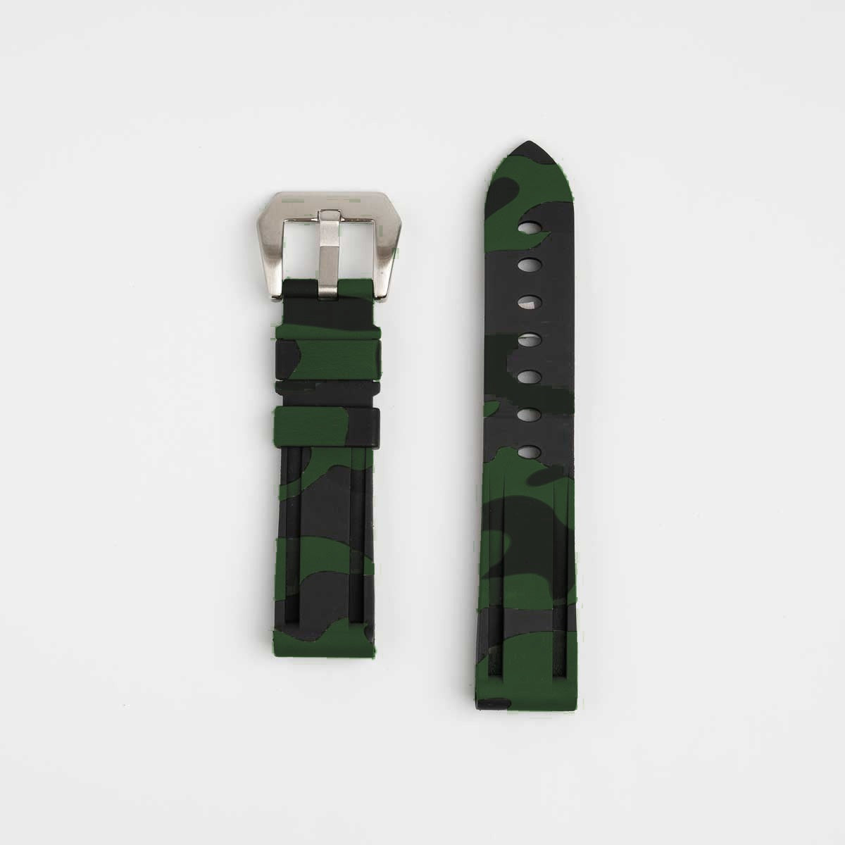 Dark green camo silicone watch strap, laid flat with buckle