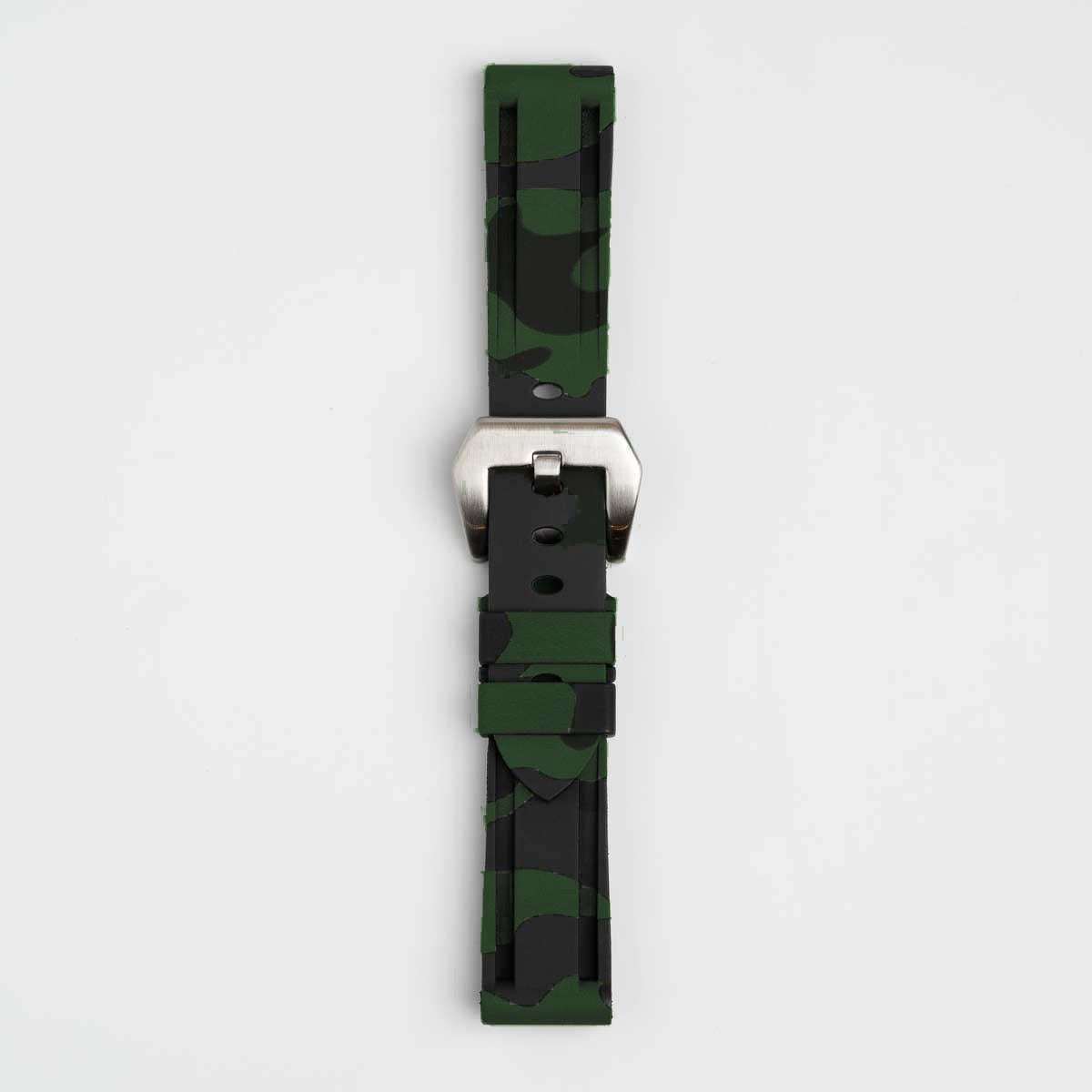 Dark green camo silicone watch strap, buckled, front view