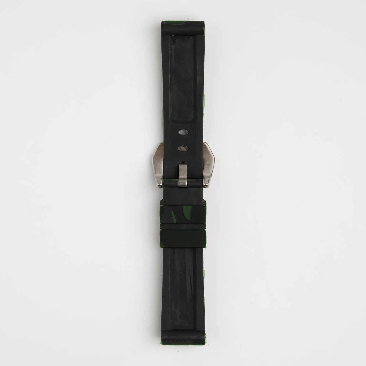 Dark green camo silicone watch strap, buckled, back view