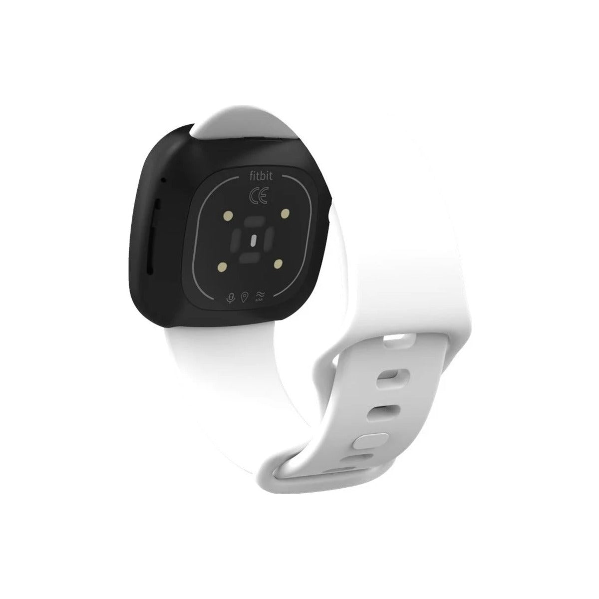 White silicone strap on a Fitbit Sense