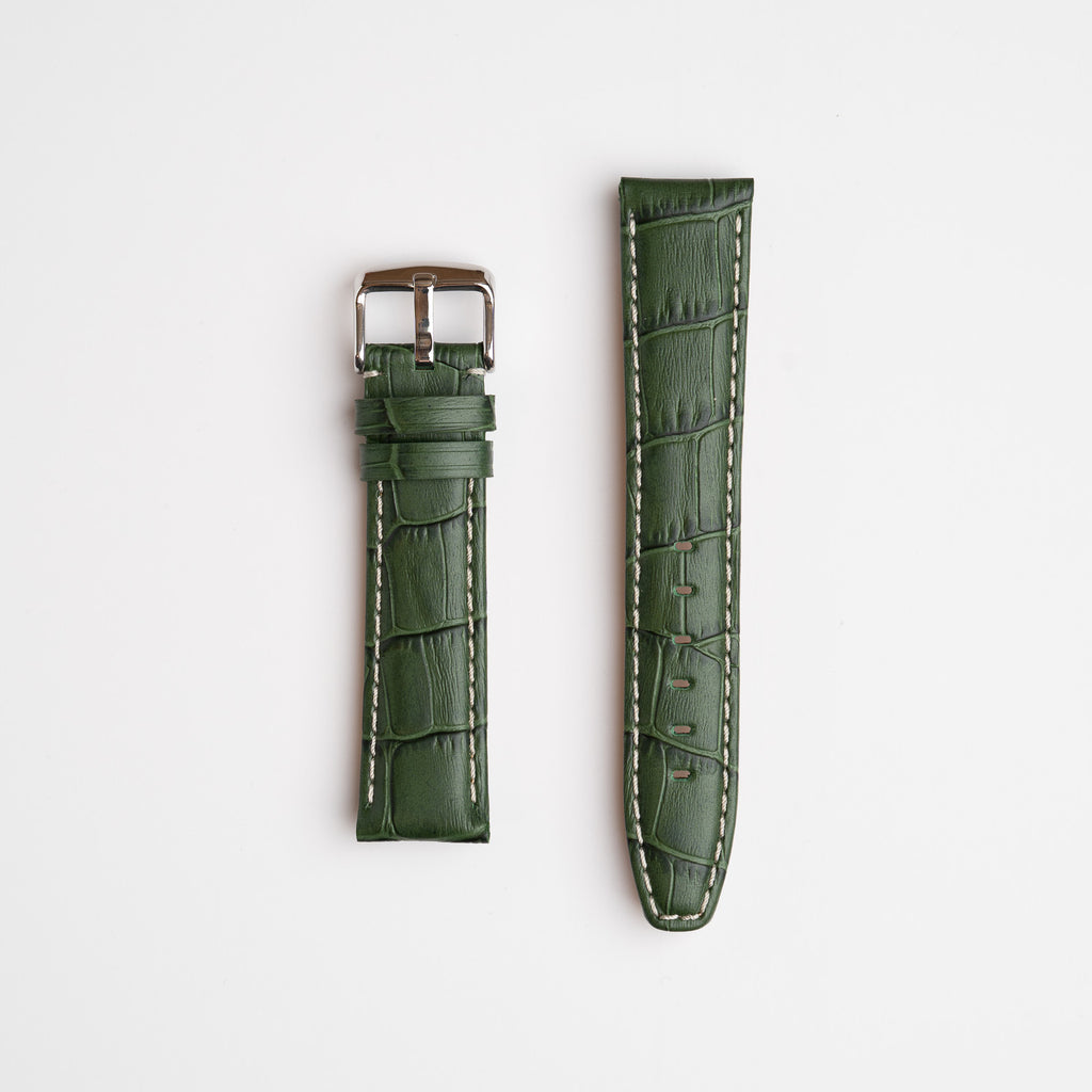 Green Mayfair Alligator watch strap, laid flat with its buckle