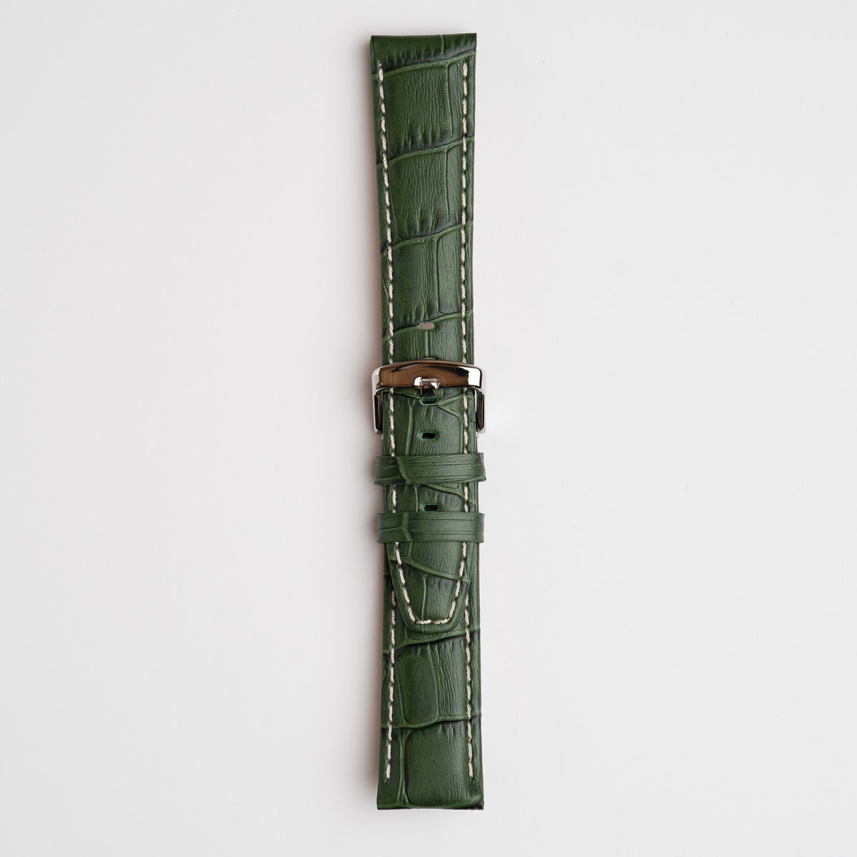 Green Mayfair Alligator watch strap, buckled, front view