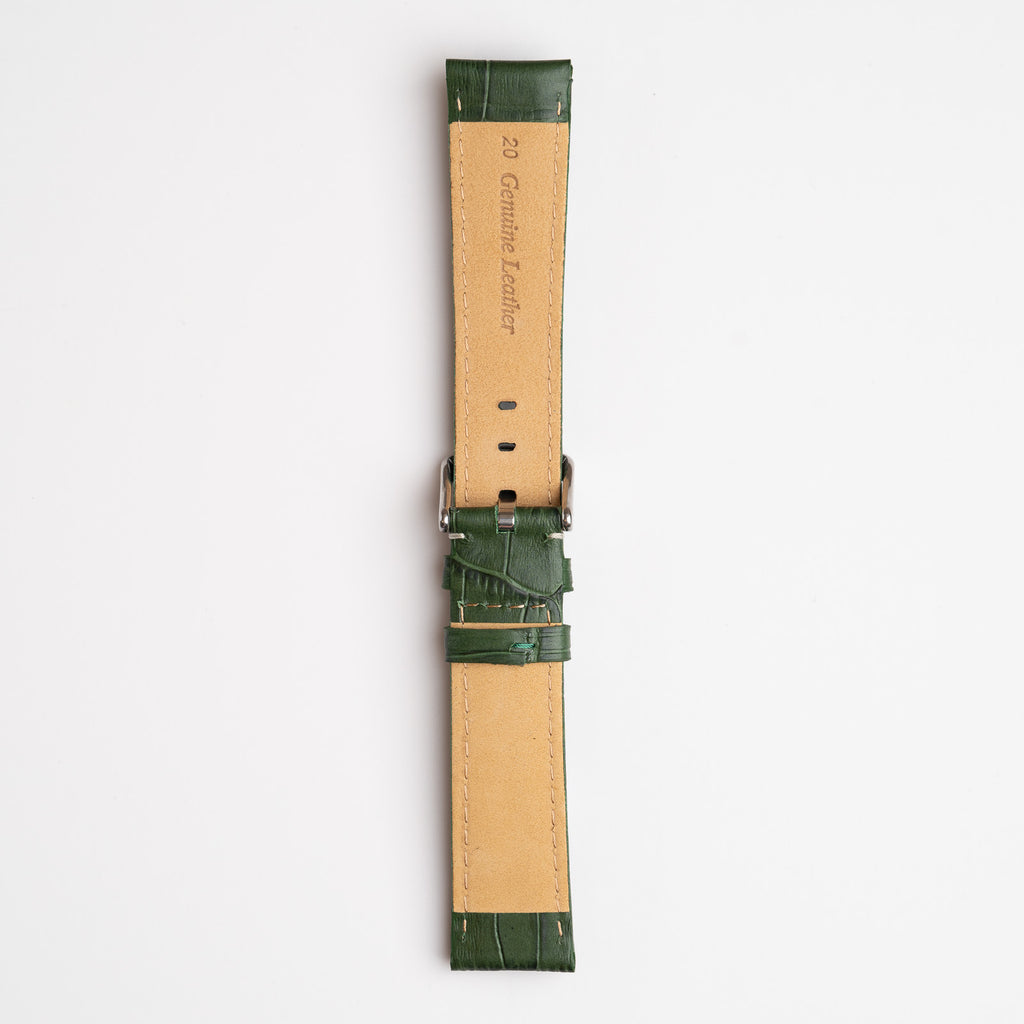Green Mayfair Alligator watch strap, buckled, back view