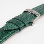 Autentico Lizard Green Watch Strap, close-up of the buckle and keepers