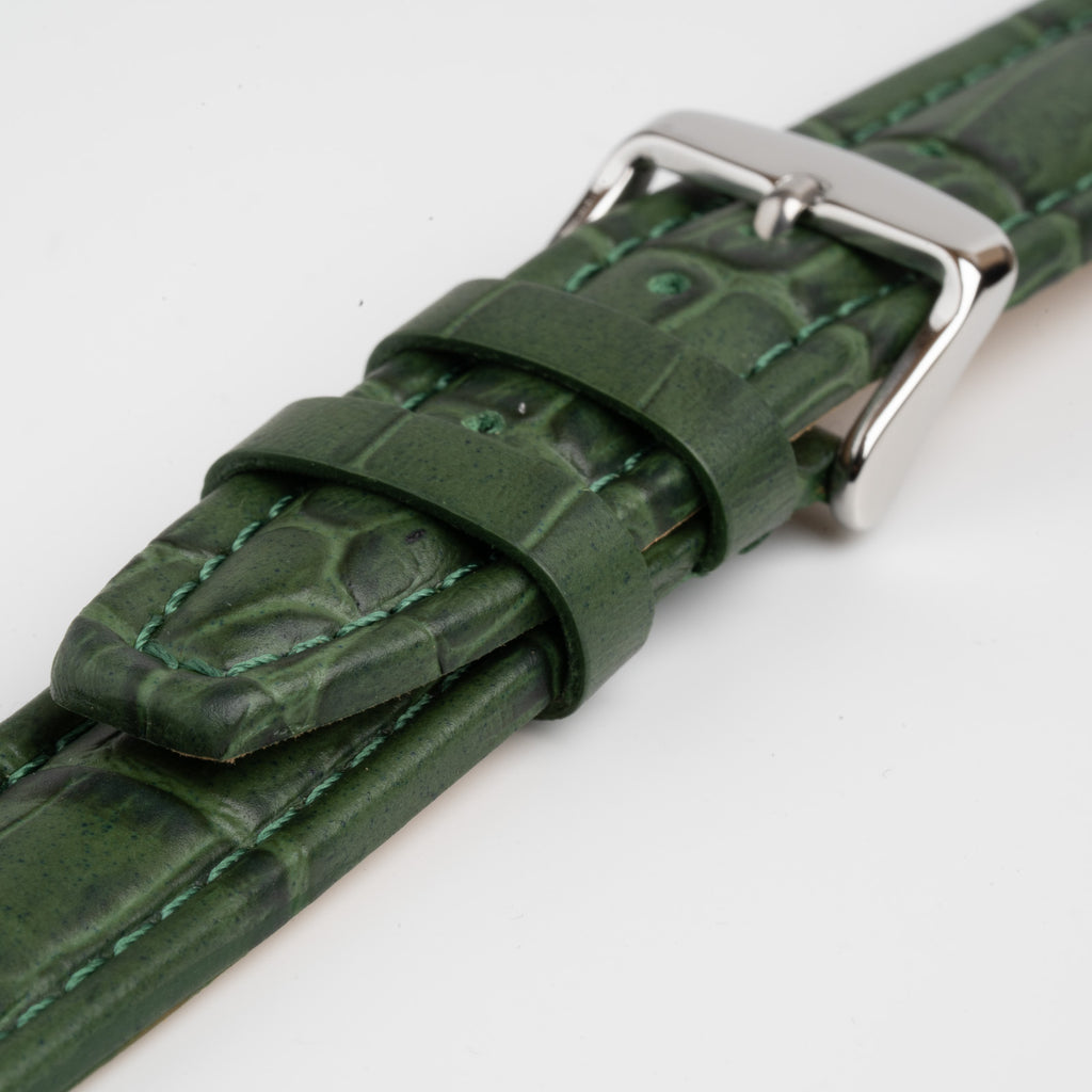Green Mayfair Contour watch strap, close-up of the buckle and keepers
